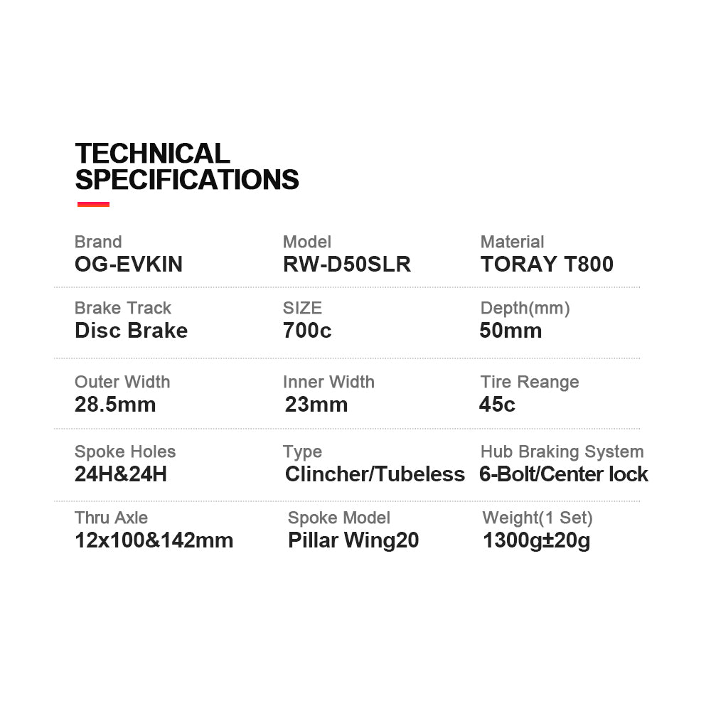 OG-EVKIN RW-50SLR Carbon Road Wheelset Disc Brake